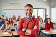 © Moon Guy - male teacher in a class at elementary school looking at camera with learning students on background