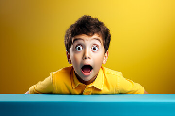 Surprised boy looking at camera over yellow background. Portrait of surprised child.