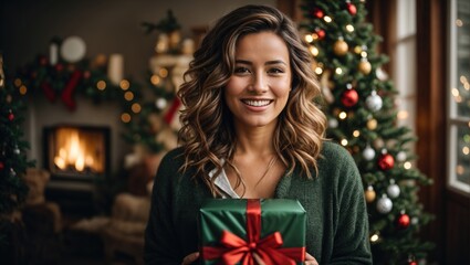 Wall Mural - Happy Woman holding christmas gift with Christmas tree in background