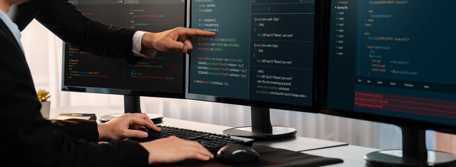 Wall Mural - software development team working together in office, coding script display on computer monitor. pro
