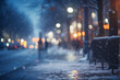 defocused view of American town street at snowy winter morning. Neural network generated image. Not based on any actual scene.