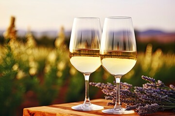  Two glasses with white wine on background of a lavender field.