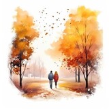 Fototapeta Las - Watercolor autumn landscape with a couple walking.