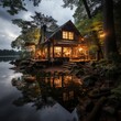 Photo of a tranquil lakeside cabin in the woods. Generative AI