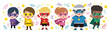 Superhero kids. Boys and girls in colorful superhero costumes of various superheroes.