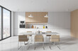 © ImageFlow - Cozy home kitchen interior with eating table and shelves, panoramic window