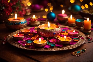 Diwali or Deepavali - Clay Diya lamps lit during Diwali celebration in India.