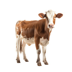 Wall Mural - Brown bovine cow standing isolated on white gentle surprised look. Dairy farm livestock industry on transparent background