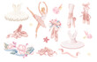 Ballet set vector illustration. Cartoon isolated classic ballet dance collection with ballerina dancing in tutu and pointes, legs of female dancer, slippers for performance, flowers and music notes