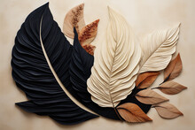 An Abstract Art Print Has The Shape Of A Leaf, In The Style Of Black And Beige, Earthy Color Palettes, Asymmetric Designs, Cardboard, Nature-inspired Shapes, Imitated Material, Terracotta