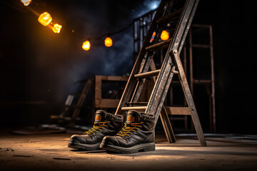 shot of a pair of safety shoes next to a ladder