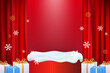 Christmas podium to showcase products. empty red podium with decoration
