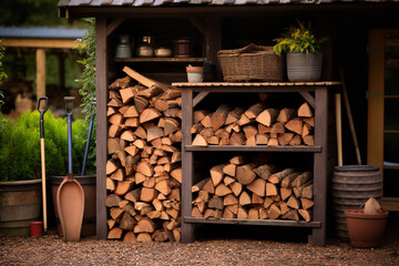 Wall Mural - shot of rustic log store stacked with firewood