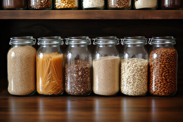 Wall Mural - shot of unprocessed whole grains in glass jars on a kitchen shelf