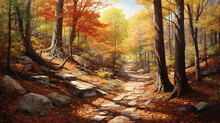 A Tranquil Forest Path Dappled With Sunlight Leads Toward A Colorful Canopy Of Autumn Leaves