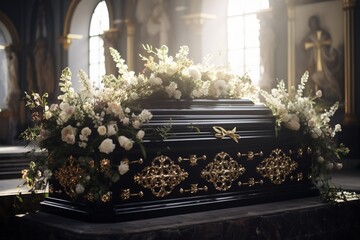 closeup shot of a casket in a hearse or chapel before funeral or burial at cemetery