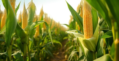 Closeup corn cobs in corn plantation field.