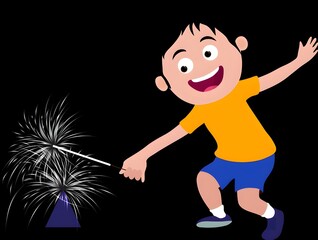 Canvas Print - Cartoon Character of Cute Boy Burning Firecrackers (Anar) on Diwali.