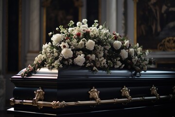 closeup shot of a casket in a hearse or chapel before funeral or burial at cemetery