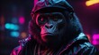 Neon portrait of gorilla rapper, gangsta monkey character.