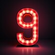 Number 9 nine. Futuristic neon font, digital glowing symbol, logo on dark grunge background.
