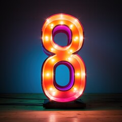 Number 8 eight. Futuristic neon font, digital glowing symbol, logo on dark grunge background.