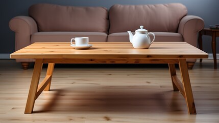 Wall Mural - long wooden side table with cup and teapot, besides a sofa, isolated on white background