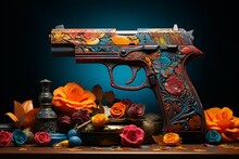 A Gun With Flowers On A Table
