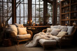 © MNStudio - Cozy warm winter composition with soft pillows, cozy blanket and snowy landscape on winter day. Winter home decor. Christmas. New Years Eve.