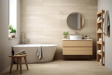 a bathroom with a round mirror and tub