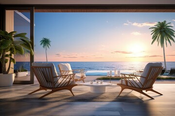 a room with a view of the ocean and a palm tree