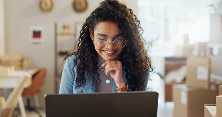 Employee, reading and woman with a laptop, ecommerce and connection with startup, website information and planning. Happy, entrepreneur and consultant with a pc, brainstorming and thinking online