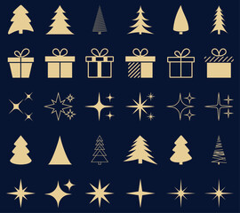 Wall Mural - Set of gold Christmas element. Christmas tree, gift box, sparkle star geometric minimalist elements and icons. Vector illustration