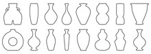 Set Of Line Ancient Ceramic Vases. Contemporary Art For Home Decor. Vector Illustration Isolated On White Background
