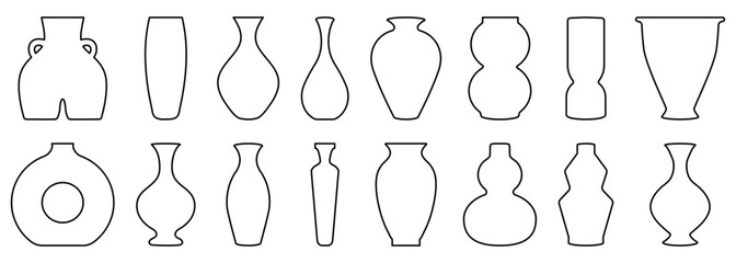 Set of line ancient ceramic vases. Contemporary art for home decor. Vector illustration isolated on white background