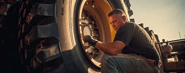 Mechanic repairing a large tire. grenerative ai