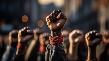 BLM raised fist for anti-racism protest against racial inequality. Black lives matter demonstration.Arms and fists raised in the air, protest and demonstration concept. copy space