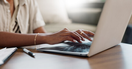 desk, hands typing and laptop in home for remote work, internet search or blog. closeup, computer an