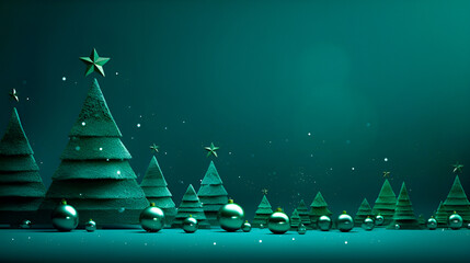 Wall Mural - Christmas monochrome in emerald color greeting with Christmas trees  with golden decorative elements and copy space. Green Merry Christmas and Happy New Year greeting card.  season template.