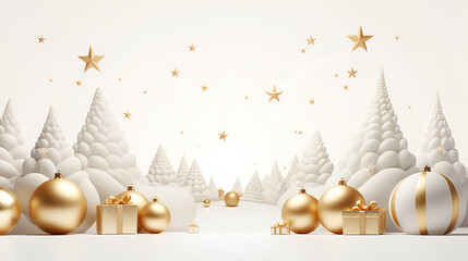Wall Mural - Christmas and New Year background in white colors. White Christmas trees with golden star in a snowy forest and Christmas golden decorations on a light bokeh background with copy space for text.