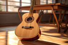 Acoustic Guitar On A Wooden Background, Close-up, Selective Focus