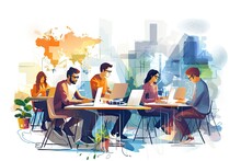 Vector Illustration Of Business People Working At The Office With Cityscape In The Background, Group Of Developers Working In Office, Abstract Illustrations Around, AI Generated