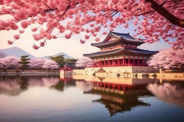 Wall Mural - Beautiful Gyeongbokgung Palace in Seoul, South Korea, Gyeongbokgung palace with cherry blossom tree in spring time in seoul city of korea, south korea, AI Generated