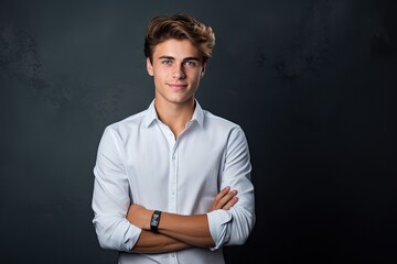 Poster - Portrait of a handsome young man standing with arms crossed on dark background, Happy young man. Portrait of handsome young man in casual shirt keeping arms crossed, AI Generated