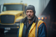 portrait d'un éboueur devant son camion en gilet jaune et tenue de travail le matin avant sa tournée