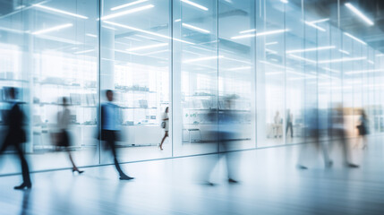 Business people walking in office, blurry working space with defocused effect, blurred motion business background. Generative Ai.