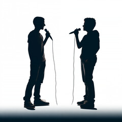 Wall Mural - Silhouette of a two male vocalists singing with microphones which are used by a singer in a performance at a concert in a hall or club, Generative AI stock illustration imag