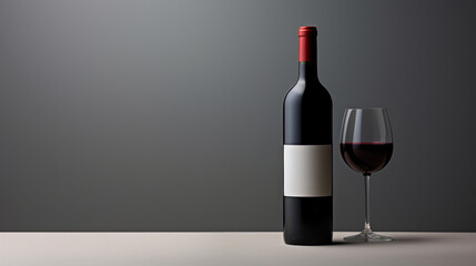 Wall Mural - Red wine bottle with a glass on a simple gray empty background