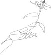 One line drawing of hand with growing flower. Single continuous line growing plant in hand palm. Vector illustration.