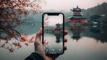 Person Holding A Phone Taking A Photo Of Cherry Blossom